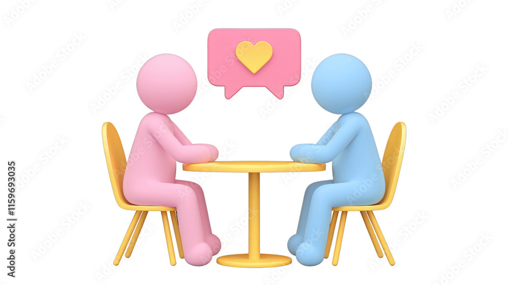 Poster two 3d figures, pink and blue, sit at a small table with a heart-shaped speech bubble above them. ba