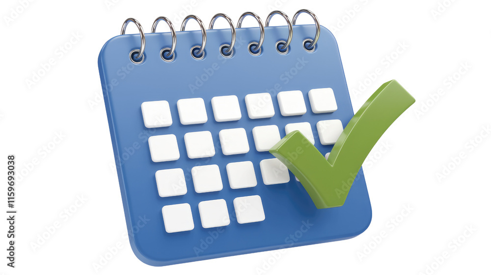 Poster A 3D rendering of a blue calendar with a green checkmark, symbolizing completed tasks or appointments. background removed