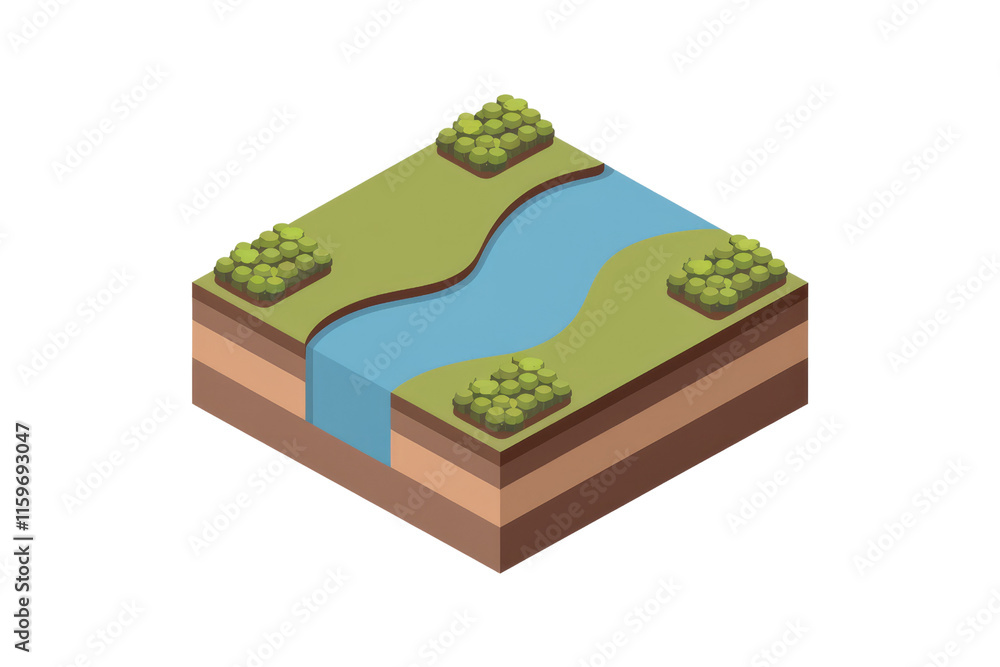 Poster isometric illustration of a cross-section of land showing a river flowing through it, with vegetatio
