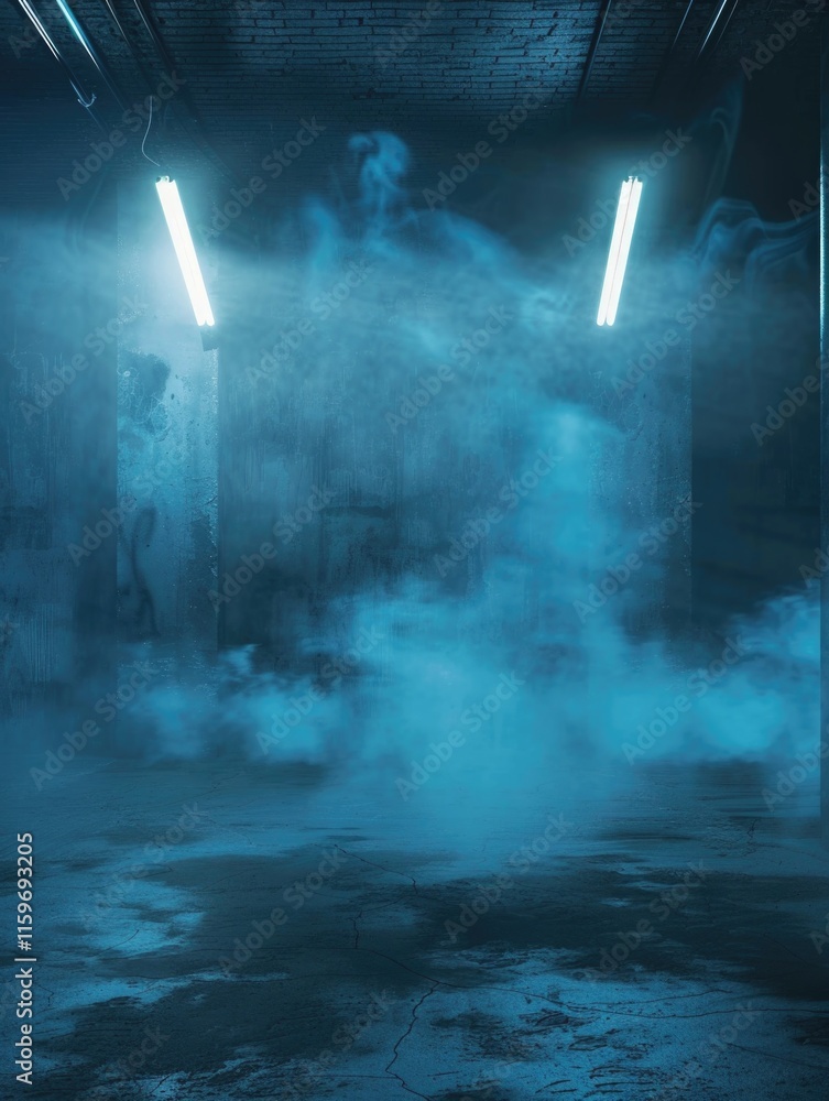Poster industrial setting with fog and lights, hinting at secretive experiments or hidden research.