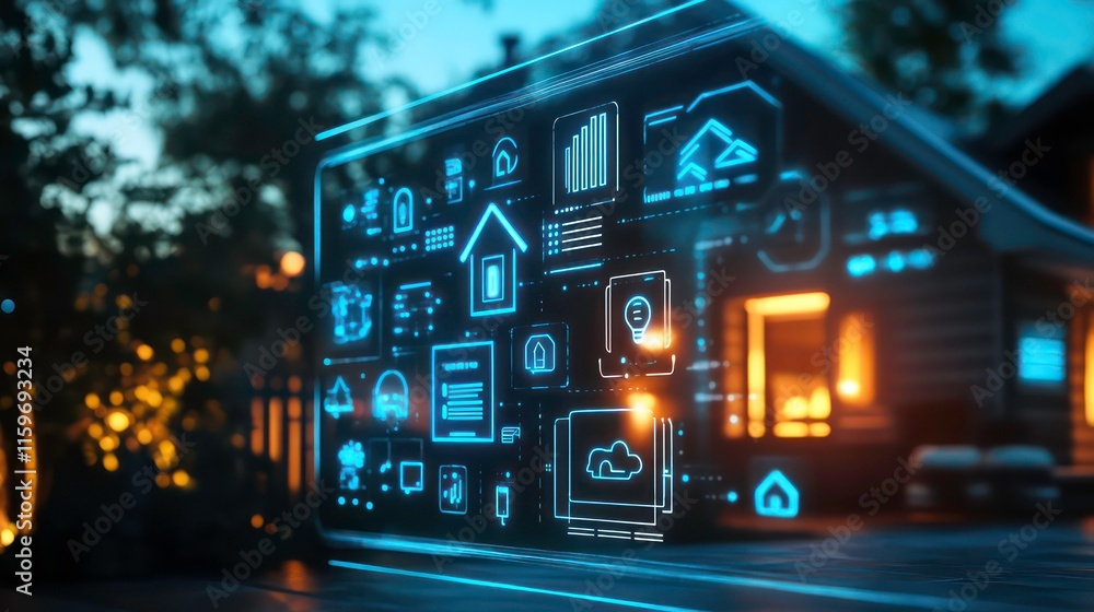 Poster smart home technology interface displayed over a cozy cabin at night, showcasing automated home func