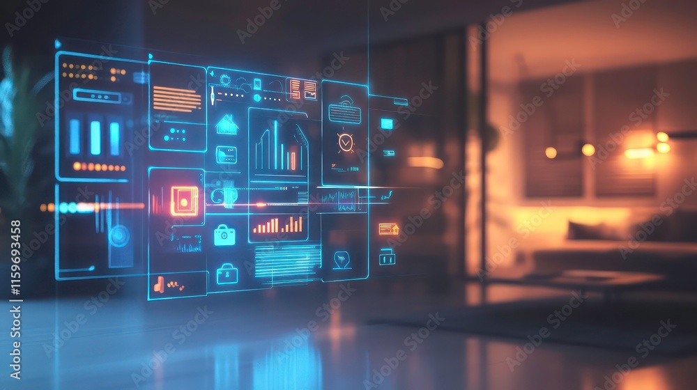 Poster Smart home interface with data visualizations displayed in a modern living room.