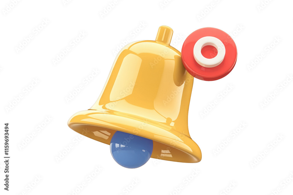 Poster A 3D render of a yellow bell with a red notification circle, signifying an alert or notification. background removed