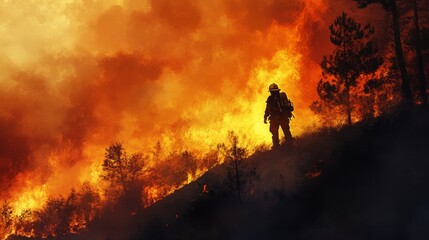 Fototapeta premium Firefighters, smoke, and flames in the forest for emergency situations, disaster relief, and bush damage control. Mountain, volunteer work, fire rescue assistance, and bravery.