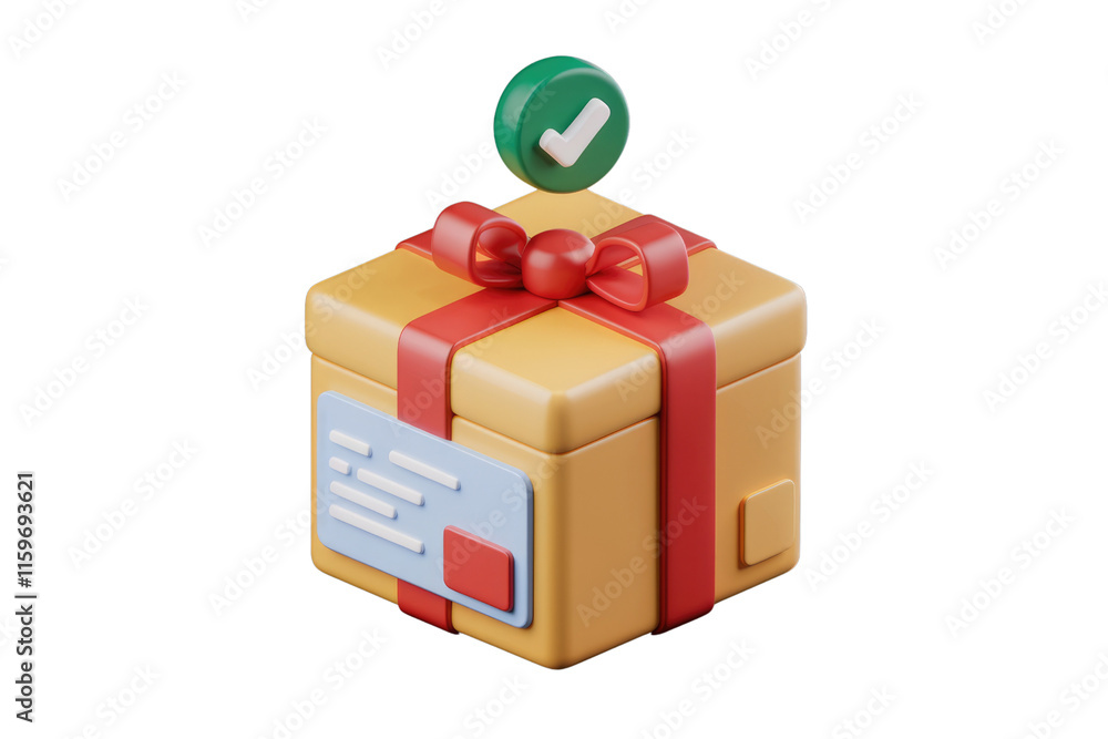 Poster a 3d rendered image of a gift box with a red ribbon and a checkmark, signifying successful delivery.
