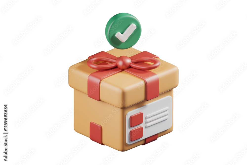 Poster 3d render of a gift box with a checkmark, signifying successful delivery or order completion. backgr