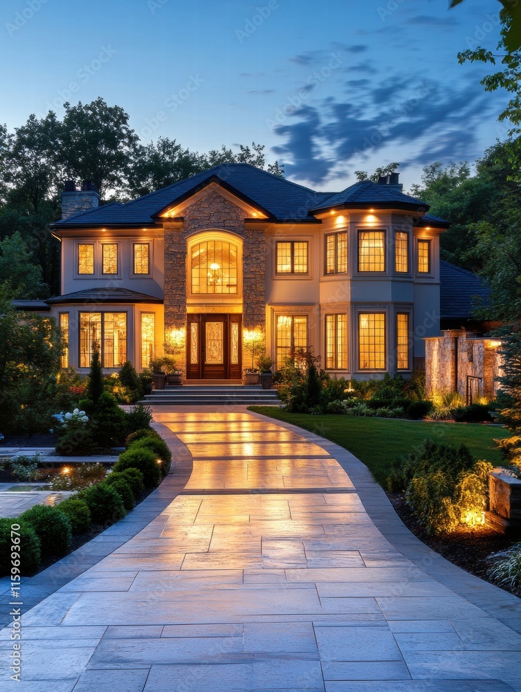 Aufkleber elegant luxury mansion with stunning architecture and illuminated exterior at twilight. generative a