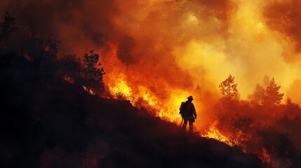 Firefighters, smoke, and flames in the forest for emergency situations, disaster relief, and bush damage control. Mountain, volunteer work, fire rescue assistance, and bravery.