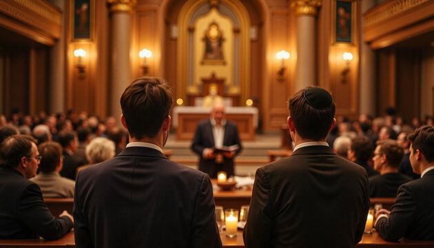 Men listening attentively during religious ceremony in synagogue