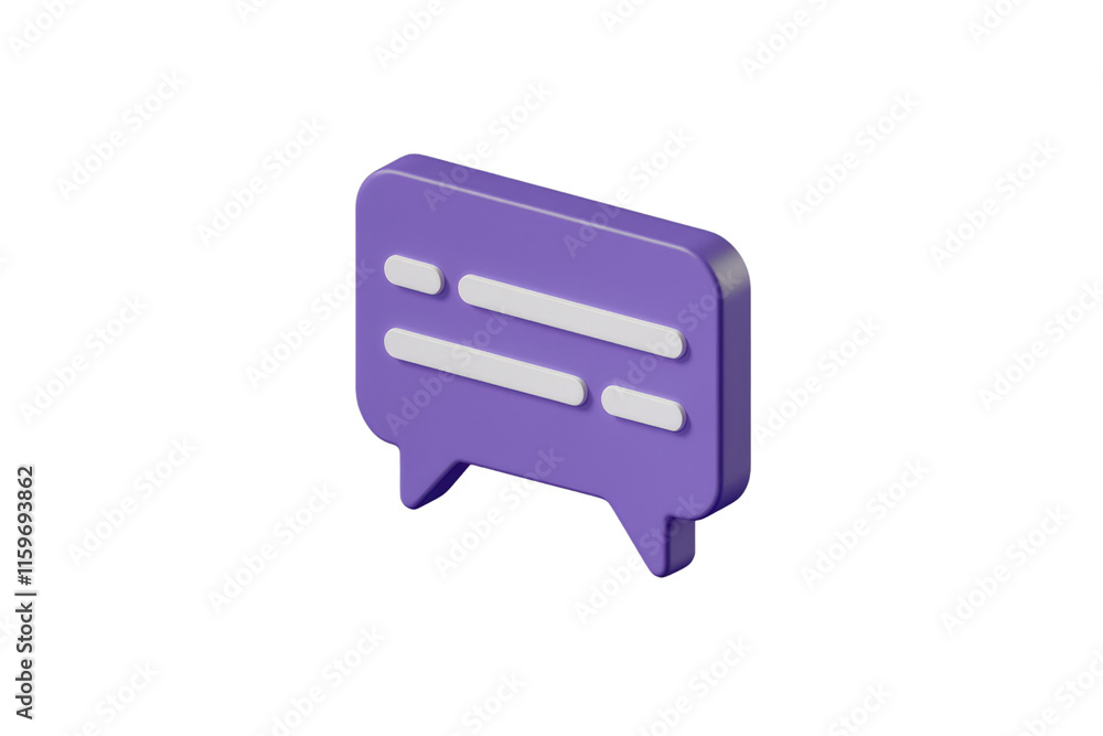 Poster purple 3d isometric chat bubble with white text lines, communication concept. background removed