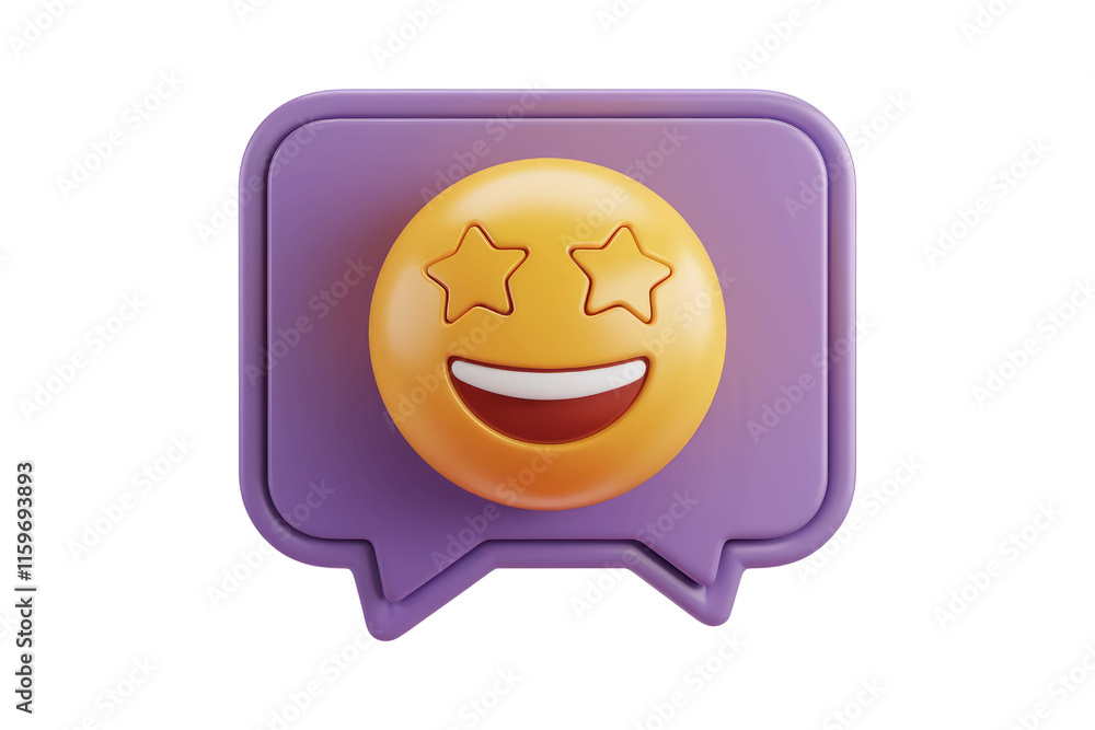 Poster A 3D rendering of a happy emoticon with stars for eyes inside a purple speech bubble. background removed