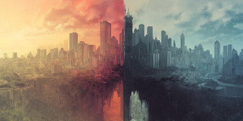 City skyline in two contrasting colors with sunset and twilight