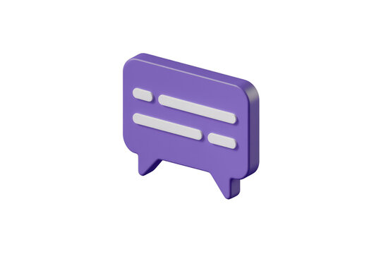 Purple 3D isometric chat bubble with white text lines, communication concept. background removed