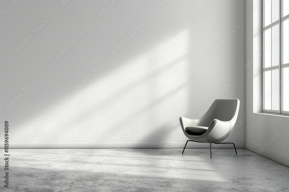 Poster empty modern interior with a single armchair near large windows allowing sunlight to filter in at mi