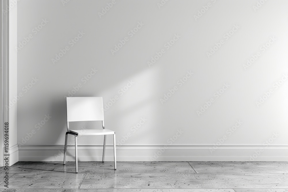 Poster empty modern interior with a single armchair near large windows allowing sunlight to filter in at mi