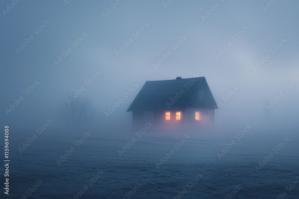 Poster mysterious house illuminated in the fog at twilight, creating an eerie atmosphere and captivating sc