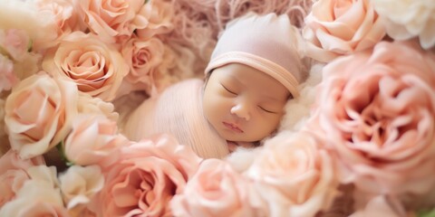 Fototapeta premium A tender photograph of a newborn baby nestled among pink roses, capturing a moment of serene beauty.