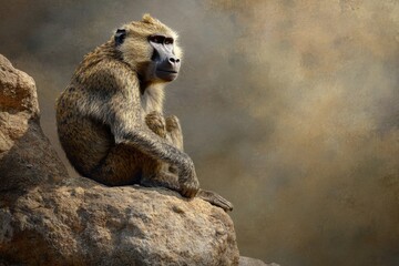 Obraz premium Detailed image Dominant male baboon on rocky outcrop under soft light