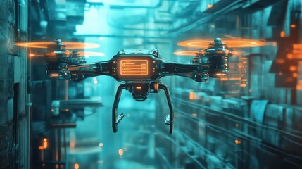 Fototapeta premium Futuristic drone flying through a neon-lit, cyberpunk alleyway.