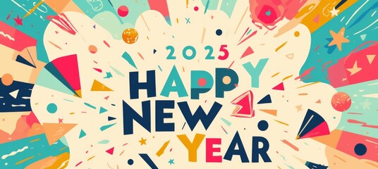 "2025" in Bold Sans-Serif Font with Colorful Geometric Shapes, Set Against a Soft Pastel Background. Minimalist New Year Design.