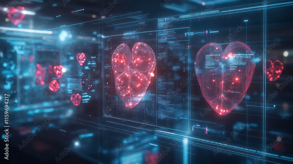Poster Abstract digital hearts displayed on multiple screens, futuristic technology concept.