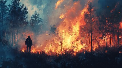 Fototapeta premium Firefighters, smoke, and flames in the forest for emergency situations, disaster relief, and bush damage control. Mountain, volunteer work, fire rescue assistance, and bravery.