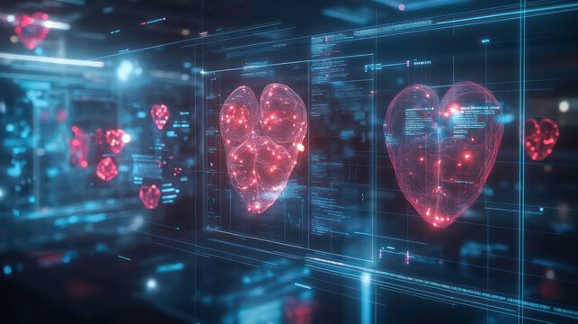 Abstract digital hearts displayed on multiple screens, futuristic technology concept.