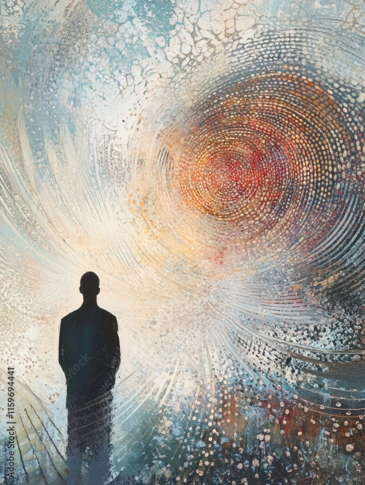 Poster human silhouette amidst an abstract whirlwind representing feelings of isolation and loneliness in a