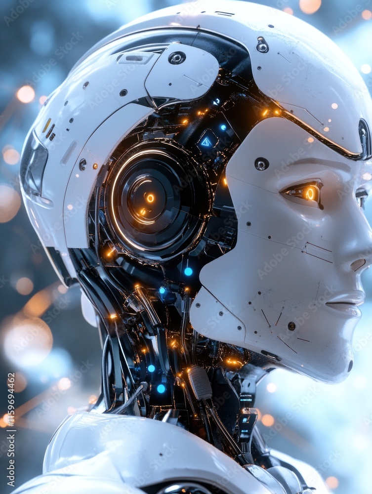 Poster high-tech futuristic robot head and shoulders. ai interface with human-like features.