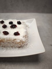 Delicious christmas pudding with coconut flakes and dried cranberries on white plate party food for aperitif, New Year's Eve dinner, Christmas or birthday