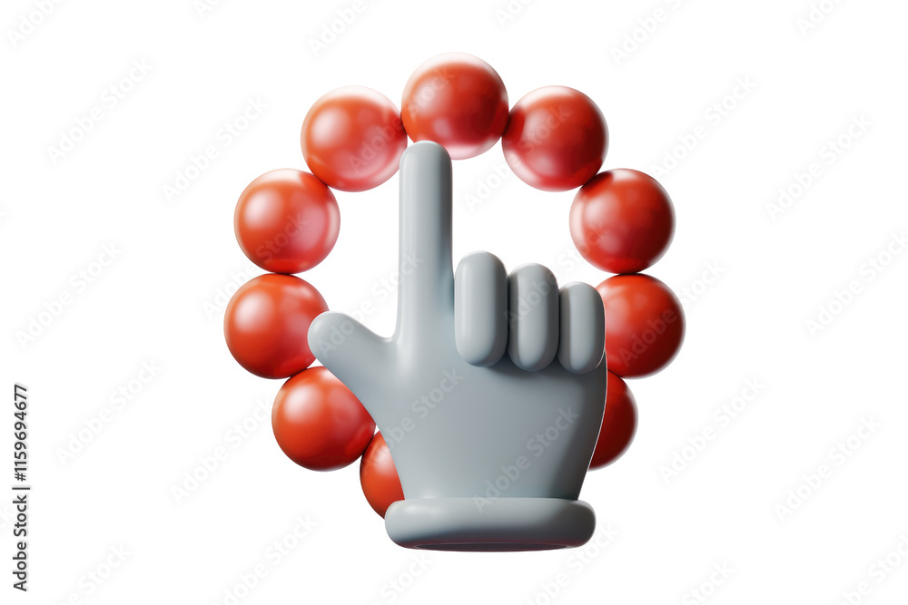 Poster 3D render of a cursor hand pointing through a circle of red balls. background removed