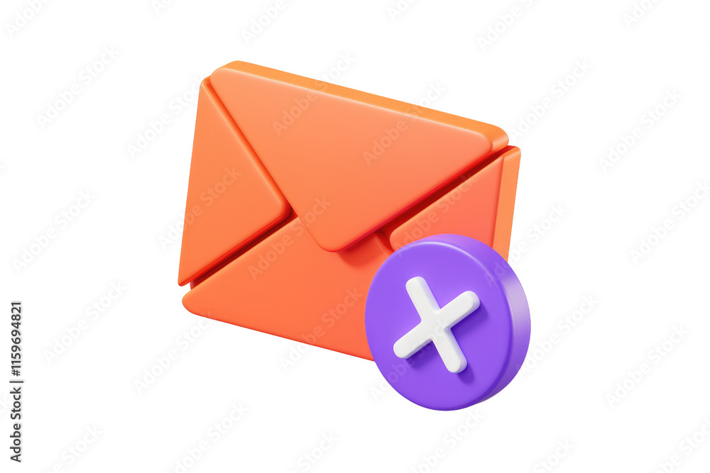 Poster 3D render of an orange email envelope with a purple 'X' button, symbolizing email deletion. background removed
