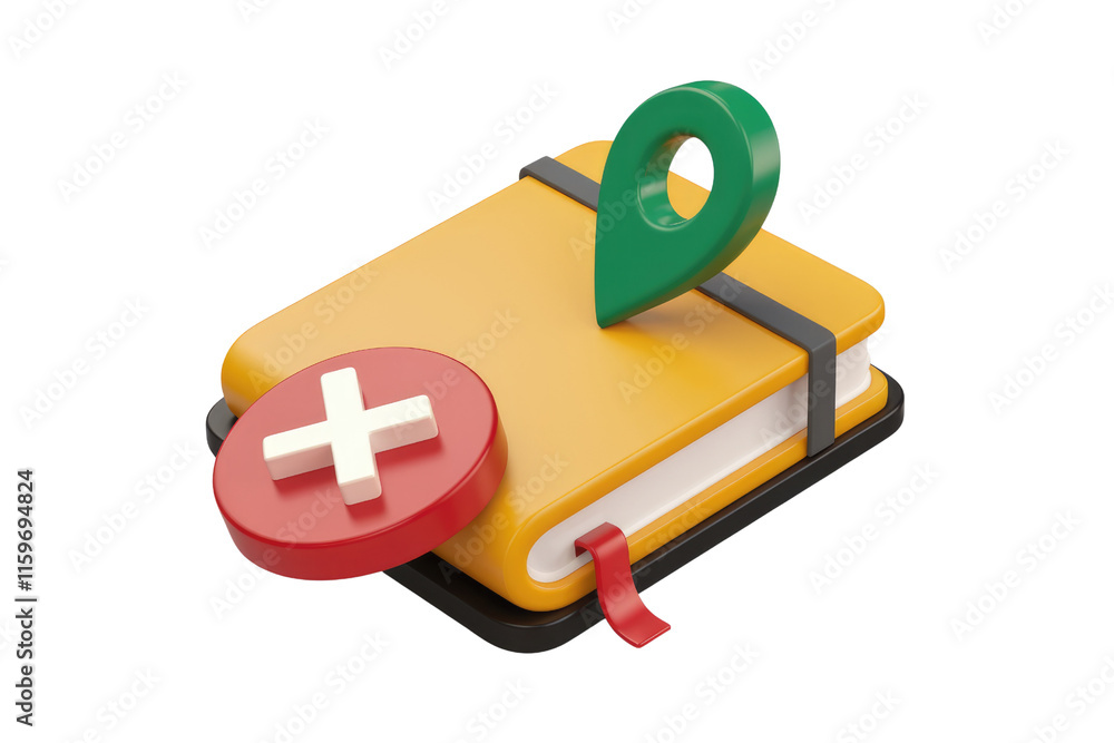Poster 3D illustration of a yellow book with a plus sign, location pin, representing adding a new location to a diary or planner. background removed