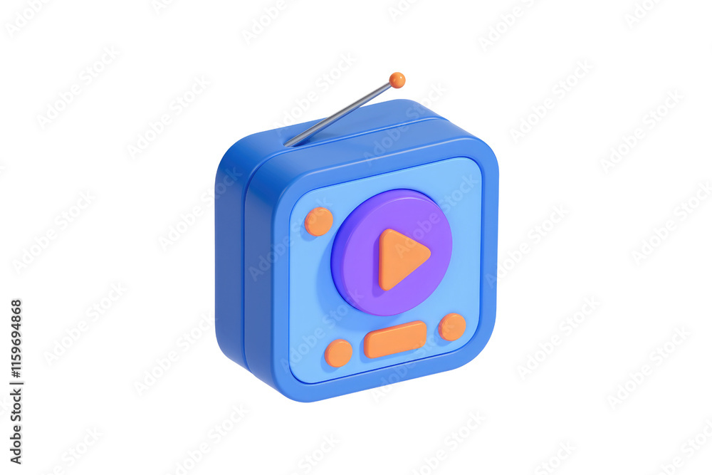 Poster 3D render of a blue retro radio with a play button, symbolizing media playback. background removed