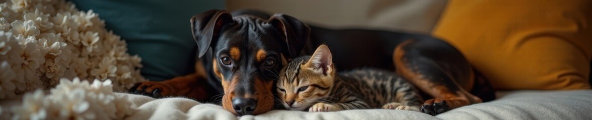 Obraz premium American Staffordshire terrier snuggles with little kitten on couch, Home, Kitten, Dog