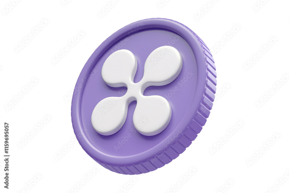 Aufkleber 3d render of a purple coin with a white four-leaf clover symbol. background removed