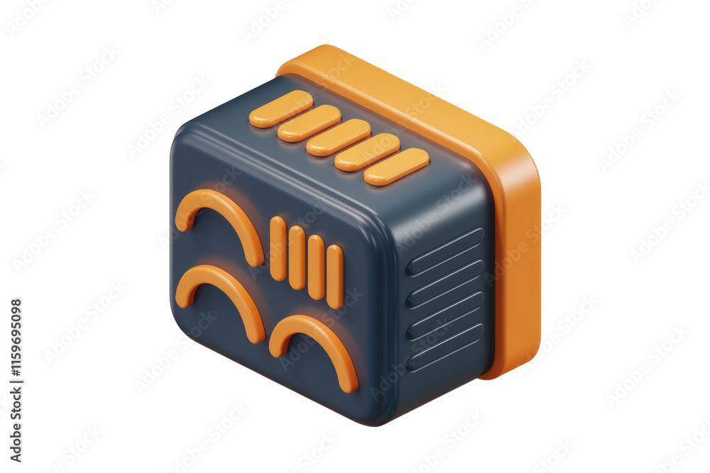 Fototapete 3D render of a dark-blue and orange device with abstract symbols, possibly representing audio waves or equalizer. background removed