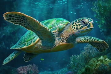 Fototapeta premium Vivid underwater image of a green sea turtle in action