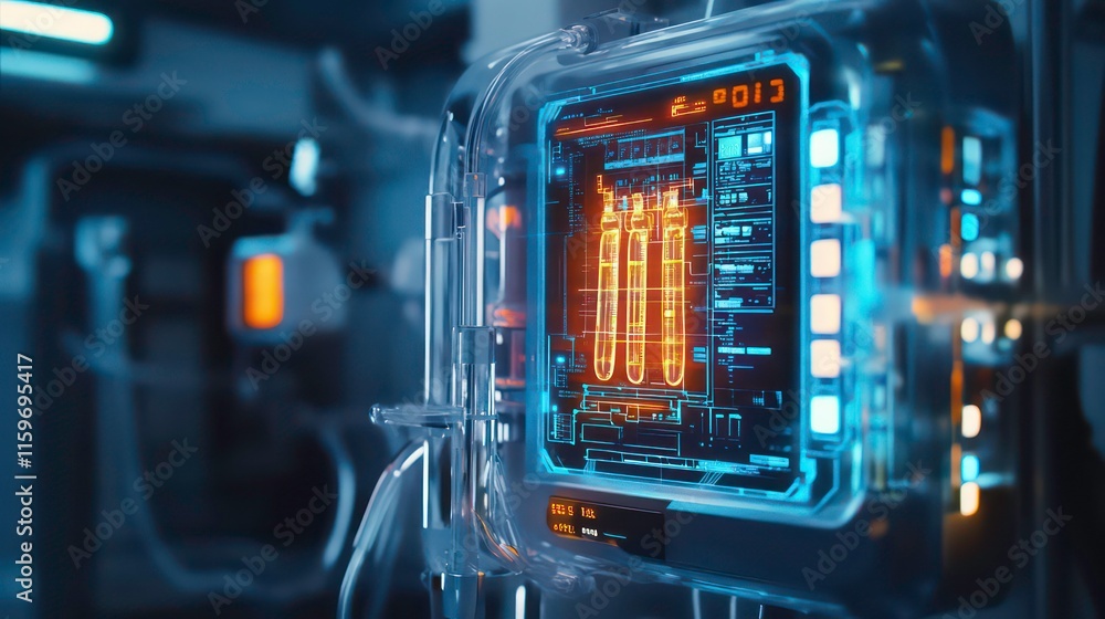 Poster futuristic medical device with glowing interface displaying vital signs.