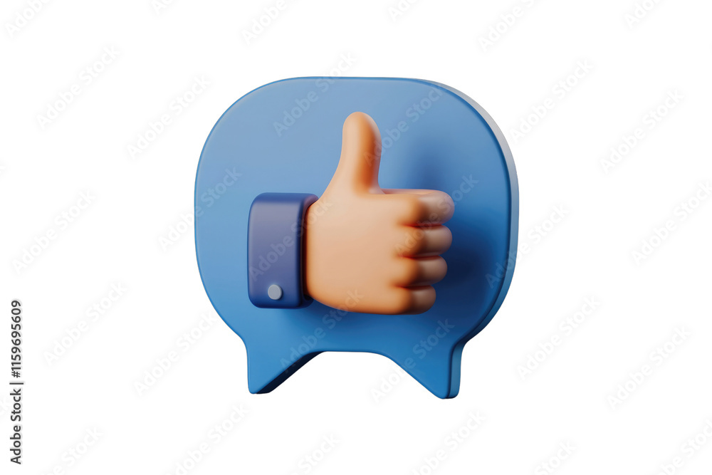 Poster 3d render of a thumbs up emoji inside a blue speech bubble, signifying approval or positive feedback