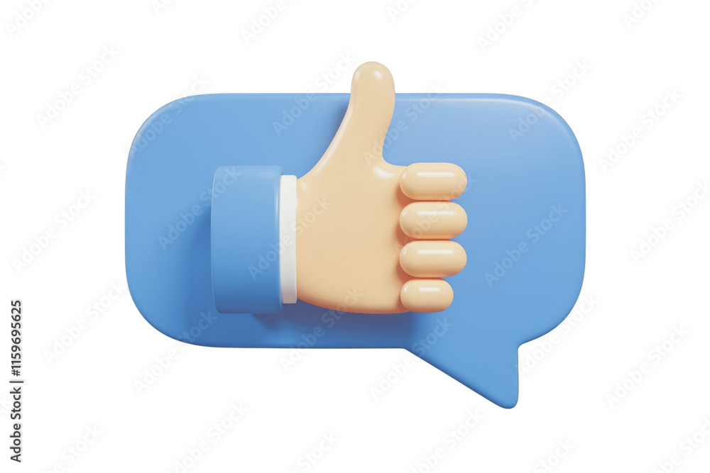 Poster 3D render of a thumbs up gesture inside a blue speech bubble, symbolizing positive feedback and approval. background removed