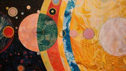 Painting of the solar system with a yellow sun in the center. The planets are shown in different colors and sizes, with some being closer to the viewer and others further away