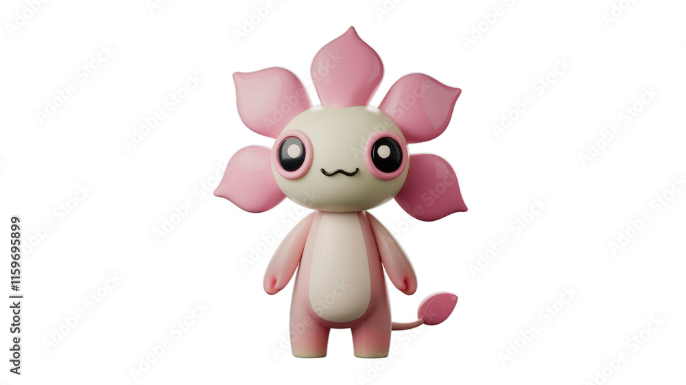 Poster adorable 3d rendering of a cute pink axolotl with flower-like appendages. background removed