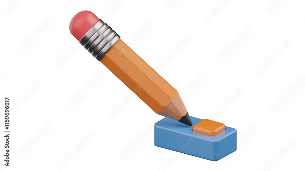 Leinwandbilder 3D render of a pencil with eraser pointing to a button, suggesting writing or clicking. background removed