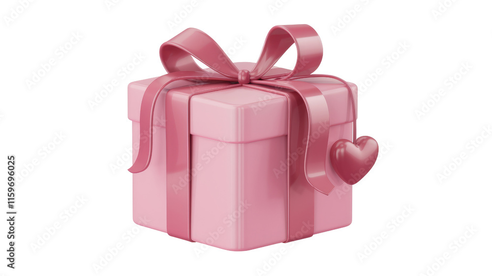 Poster pink gift box with a large red ribbon and a small heart. background removed