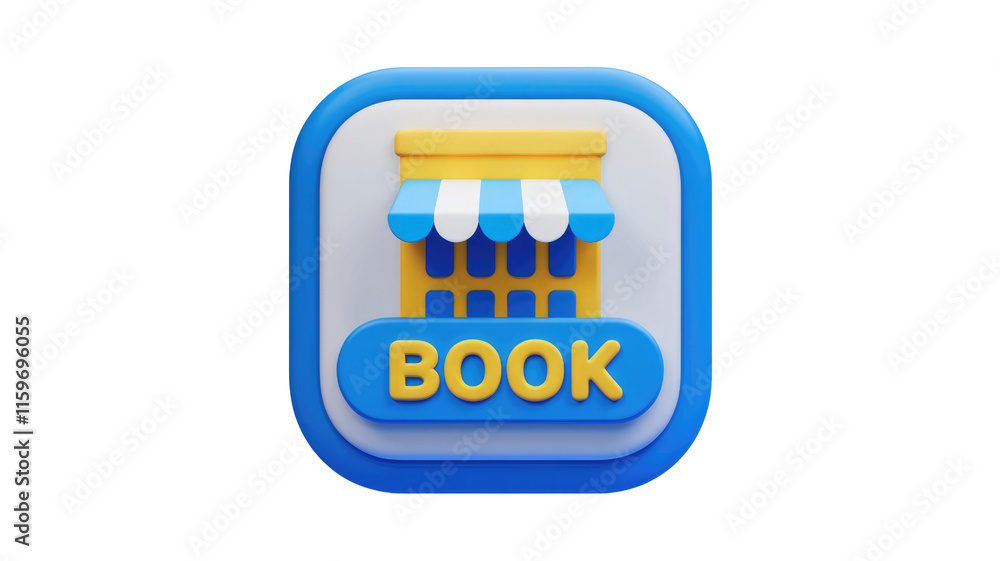 Aufkleber 3D render of a blue app icon with a yellow building and 'BOOK' text. background removed