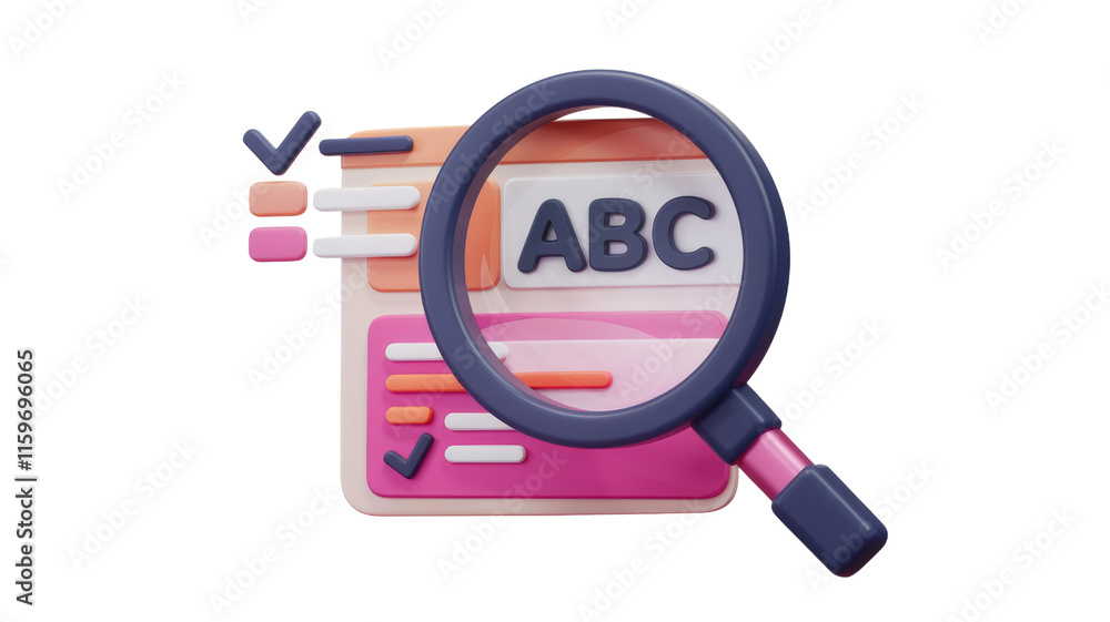 Poster 3D render of magnifying glass over checklist with ABC, symbolizing content review and quality control. background removed
