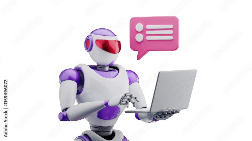 Poster A purple and white robot uses a laptop, a speech bubble with three lines indicates a message. background removed