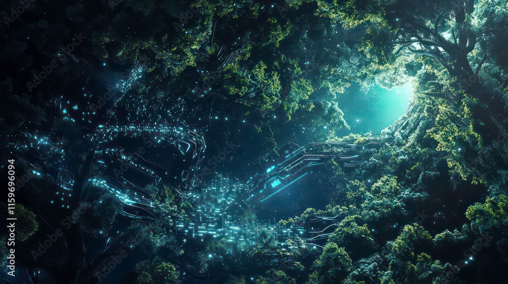 Aufkleber Mystical forest scene with glowing particles and technological elements.