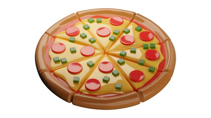 A delicious cartoon pizza with pepperoni and green peppers, ready to eat. background removed